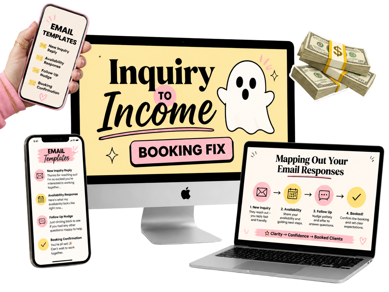 Inquiry to Income course shown on a desktop, laptop, and phone